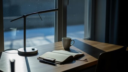 Modern desk setup with black LED lamp open book coffee mug by window with snow winter scene natural lighting workspace home office study area