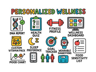 Wellness flat icon set. featuring dna report, health quiz, fitness profile, wellness dashboard, and more