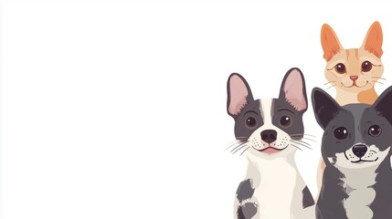 Cute illustrated group of two dogs and a cat with expressive faces in a friendly arrangement designed for pet education, children content, and animal-themed visual communication.