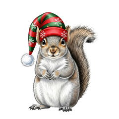 ultra realistic watercolor illustration of a smiling anthropomorphic grey squirrel wearing a red striped elf hat on a transparent background, high-key studio lighting, festive christmas concept