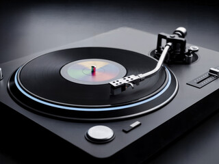 Close-up of modern vinyl record player with black record spinning
