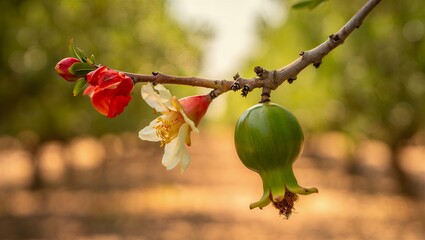 Green pomegranate fruit hanging from tree branch with flowers