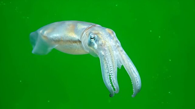 This vibrant underwater close-up captures a mysterious cuttlefish gliding gracefully, showcasing its detailed mantle and tentacles against a high-contrast green background.