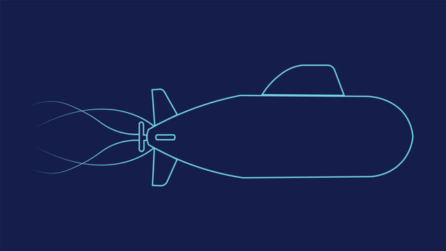 Minimal neon submarine illustration with glowing outline on dark blue background ideal for ocean technology naval defense exploration themes digital branding visuals media ux style