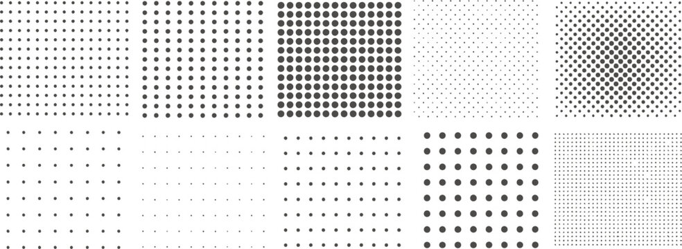 Adobe Illustrator Artwork Set of minimalist black and white halftone gradient patterns and linear dot textures for modern graphic design isolated on transparent background