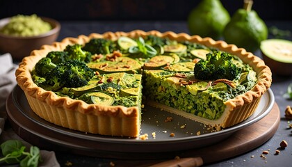 A delectable, freshly baked savory tart with broccoli and avocado on a gray plate with blurred greenery