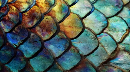 Close-up macro of iridescent, textured scales, displaying a spectrum of blues, greens, golds, and purple hues with dark outlines