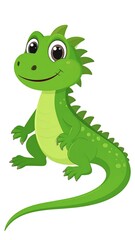 Obraz premium A cute, green cartoon dragon with big eyes, a happy smile, and a spiky back and tail, posed on a white background