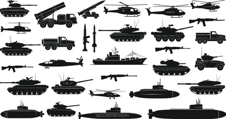 Military vehicle silhouettes, tank, helicopter, submarine, warship, missile launcher, rifle, army truck, black icons, defense equipment, combat gear, warfare © MSTSHARMIN