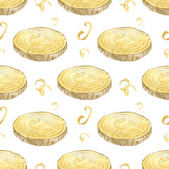 Seamless watercolor wood pattern with planks and tree rings. Seamless watercolor pattern with wooden planks, tree rings and wood shavings. Repeating natural wood background for packaging