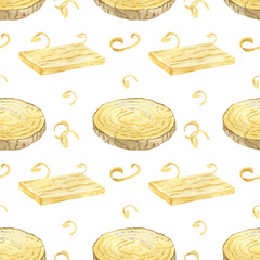 Seamless watercolor wood pattern with planks and tree rings. Seamless watercolor pattern with wooden planks, tree rings and wood shavings. Repeating natural wood background for packaging