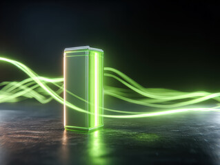 A visually striking 3D rendering of a glowing green lithium ion battery, showcasing its sleek design and energy flow effects.