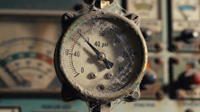 Dusty vintage pressure gauge with frozen needle and faded dial, a forgotten industrial measurement instrument