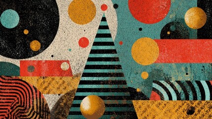 Abstract geometric composition featuring textured shapes, including circles, triangles, and rectangles in various colors and designs