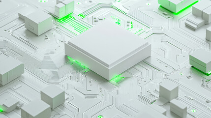 A detailed view of a circuit board featuring a central processing unit and illuminated components, showcasing a futuristic design.