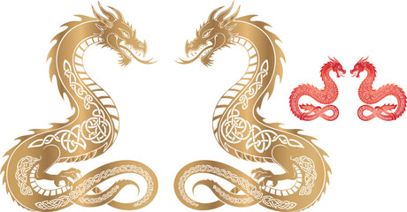 Fototapeta premium Golden Chinese style dragons forming a heart shape illustration design