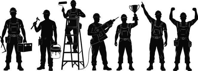 Collection of professional construction worker silhouettes with tools equipment ladder and trophy representing manual labor skilled trades industry and career success © Hello World