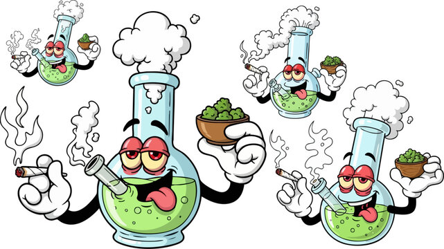 Funny cartoon smoking bongs with marijuana and thick white smoke clouds