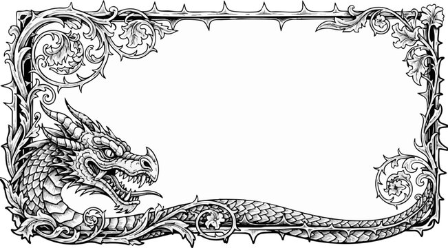 Ornate black and white vintage frame design featuring a detailed dragon head