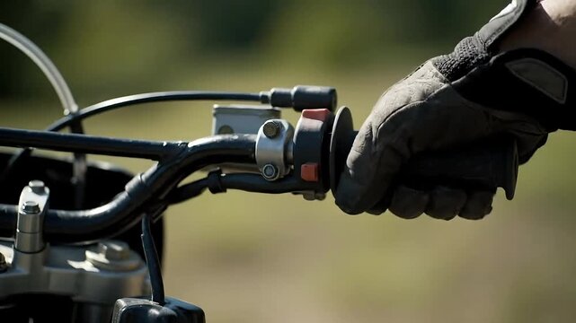 Dynamic close-up of a rider's gloved hand gripping the motorcycle throttle, poised for acceleration on an outdoor track, conveying the thrill and control of off-road biking