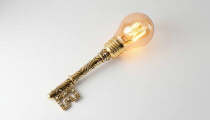 Ornate golden key with glowing lightbulb symbolizes innovation and bright ideas