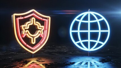Vibrant neon glowing shield icon representing global cybersecurity and digital protection alongside a luminous blue globe symbol illustrating internet safety and worldwide network defense in a dark r. - Powered by Adobe