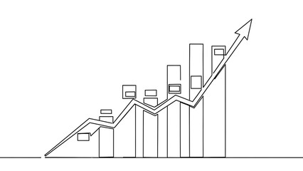 Continuous line drawing of a business growth chart with an upward trend arrow