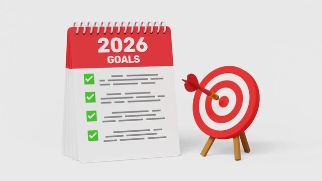 2026 Goals, New Targets, Action Plan, Goals Checklist, New Opportunities, Business and Personal Growth, Performance Tracking, Planning, Roadmap, Vision. Target with Goals list for 2026. 3D Video