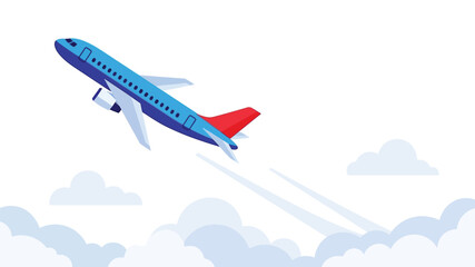 Fototapeta premium A blue airplane soaring through the sky with fluffy white clouds below