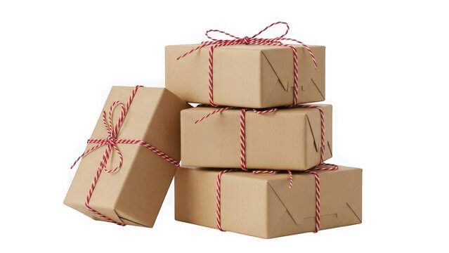 Stack of brown gift boxes with red and white string