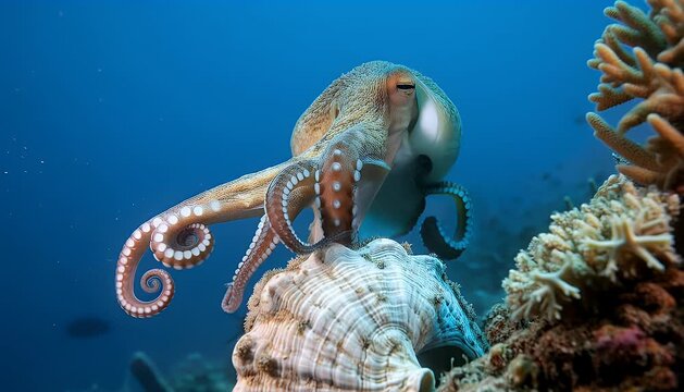 Underwater octopus on coral reef in deep blue sea