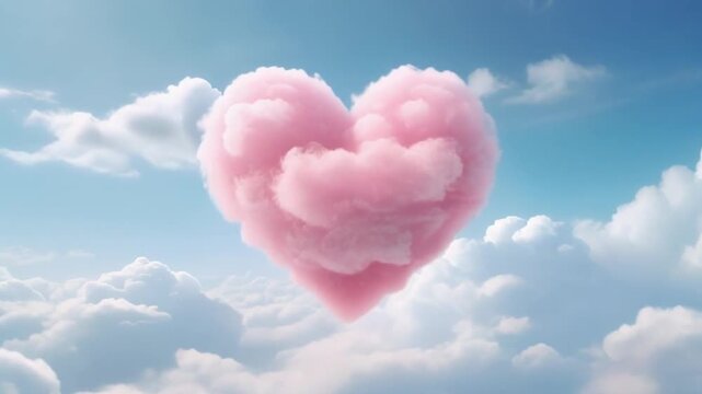 Pink cloud heart shape floating in sky with white fluffy clouds against blue background