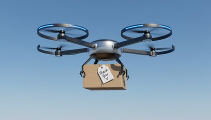 Modern drone delivering package with thank you tag against clear blue sky