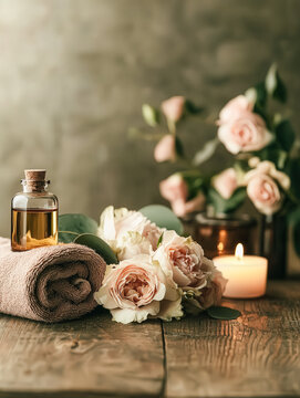Relaxing Spa Setup with Essential Oils and Flowers