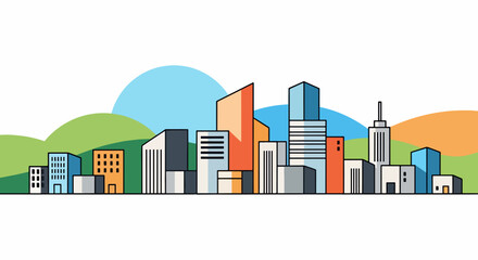 Fototapeta premium Modern City Skyline with Abstract Hills and Sky Background Flat Design Illustration