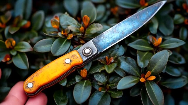 Hand holding a vintage folding knife with a bright orange handle against a backdrop of green foliage.