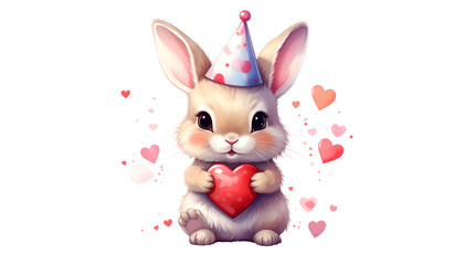 Adorable bunny with a party hat and a heart, surrounded by hearts on a black background