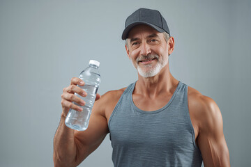 Fitness man holding water bottle on gray background for hydration and workout advertising