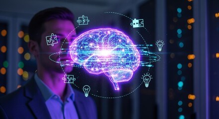 Artificial intelligence concept featuring a digital brain inside a data center, symbolizing machine learning, neural network, advanced computing, innovation, and smart data processing technology.