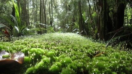 Abundant dew drops forming a dense sparkling carpet of lush green moss in a vibrant forest setting.