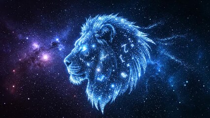 A majestic leo constellation, digitally illustrated in a deep blue cosmic glow, appears powerfully with astrological symbols against the dark expanse of deep space.