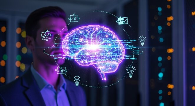 Artificial intelligence concept featuring a digital brain inside a data center, symbolizing machine learning, neural network, advanced computing, innovation, and smart data processing technology. - Powered by Adobe