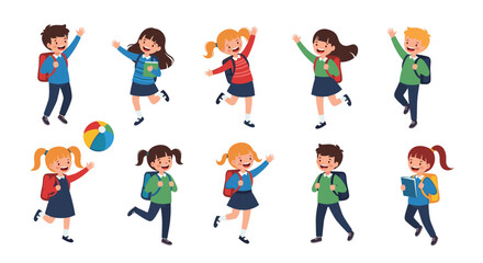 Fototapeta premium Group of diverse school children with backpacks and books are jumping and waving happily in a playful cartoon illustration.