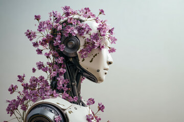 This image features a humanoid robot with delicate pink flowers integrated into its design, symbolizing the fusion of technology and nature.