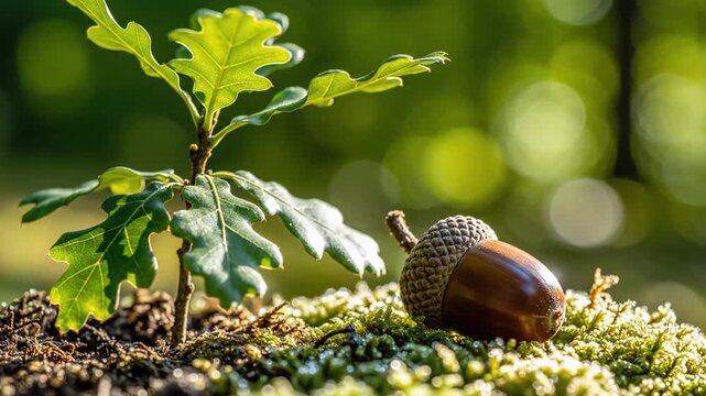 A young oak sapling emerging from the soil beside a brown acorn, surrounded by soft green moss, with a blurred natural background of sunlight filtering through trees, symbolizing growth