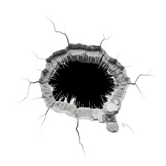 high-key, ultra-photorealistic top-down view of a gaping hole in a thick, cracked white concrete slab and debris, isolated on a transparent background. concept of material contrast and destruction