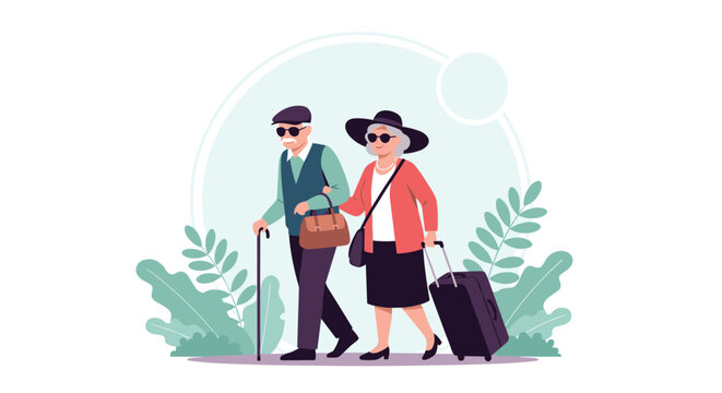 Senior man and woman are walking together with their luggage and a cane against a clean circular background for travel.