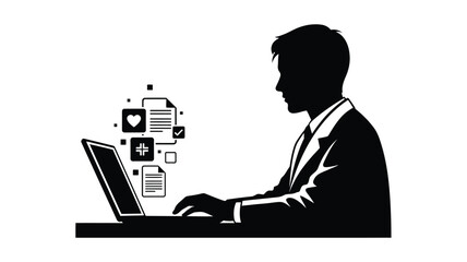 A businessman working on a laptop with digital icons a striking silhouette
