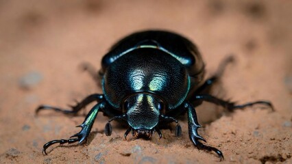Naklejka premium Close-up macro shot of a shimmering iridescent beetle on natural earthy