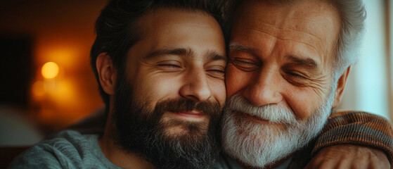 Gentle smiling men of different generations convey the warmth of family ties, creating the main backdrop for advertising family traditions or intergenerational communication.